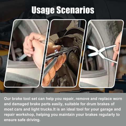 Using 16Piece Drum Brake Tool Kit Pro Grade With Brake Spring Pliers, Spring Installer for brake maintenance on a car wheel.