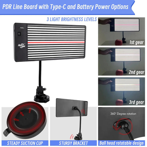 LED PDR Light Board For Dent Repair With Suction Cup USB Powered Reflective Line Light showing brightness levels