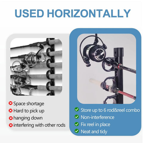 Garage Ceiling And Wall Mounted Fishing Rod Rack With Sliding Track Holds Up To Six Rods Expands To 12 Or More Poles mounted horizontally