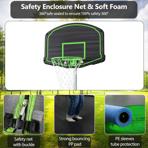 12 Foot Trampoline With Slide And Swings Outdoor Play Set With Basketball Hoop Ladder LED Lights And Net Enclosure details