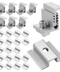 Eight Piece 35 To 50mm Adjustable Solar Panel End Clamp Mounting Brackets Kit showing anodized aluminum Z brackets and hardware.