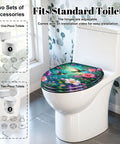Elongated Vibrant Hummingbirds Butterflies Chinoiserie Toilet Seat on a white toilet with floral design and installation accessories.
