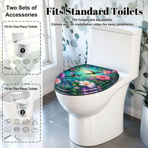 Elongated Vibrant Hummingbirds Butterflies Chinoiserie Toilet Seat on a white toilet with floral design and installation accessories.