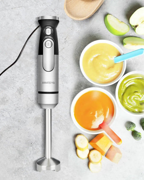 Powerful Handheld Immersion Blender 700W With Infinite Variable Speeds All In One Stainless Steel Stick Mixer next to bowls of puree
