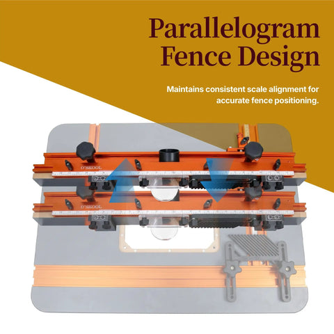 Essential Router Table Upgrade Kit Featuring Micro Adjustable Aluminum Fence With Dual Bearing Guide Rails For Dead Nuts Alignment And Butter Smooth Cutting Action To Level Up Your Woodshop Game showing parabolical fence design for precise cuts.