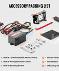 Accessory packing list for VEVOR 4000 Lb Electric Winch: control box, roller fairlead, remote, screws, and mounting plate.