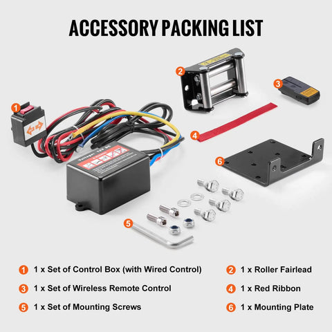 Accessory packing list for VEVOR 4000 Lb Electric Winch: control box, roller fairlead, remote, screws, and mounting plate.