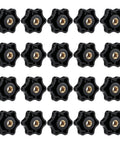 Twenty Count One Quarter Twenty Thread Star Knobs Durable Nylon Thumb Screws With Solid Brass Insert arranged in rows.