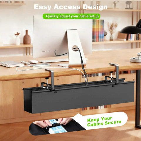 Under Desk Cable Management Tray No Drill Install, 36 Inch Fabric Cord Organizer With Clamp Or Screw Mount For Desk, Black
