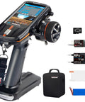8 Channel 2.4G RC Transmitter With R8FG And R4FGM V2.1 Gyro Receiver Voltage Telemetry Surface Remote Control Pro Grade Beast 4.3 Inch IPS Touch FPV Screen For RC Crawlers Drifting Cars And Boats, shown with components and carrying case.