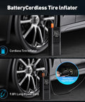 Portable Car Tire Inflator And Air Compressor With Pressure Gauge And LED Light Auto Shut Off At Preset PSI beside car tire