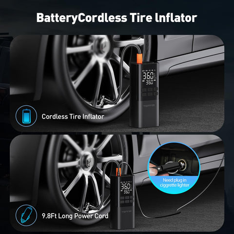 Portable Car Tire Inflator And Air Compressor With Pressure Gauge And LED Light Auto Shut Off At Preset PSI beside car tire