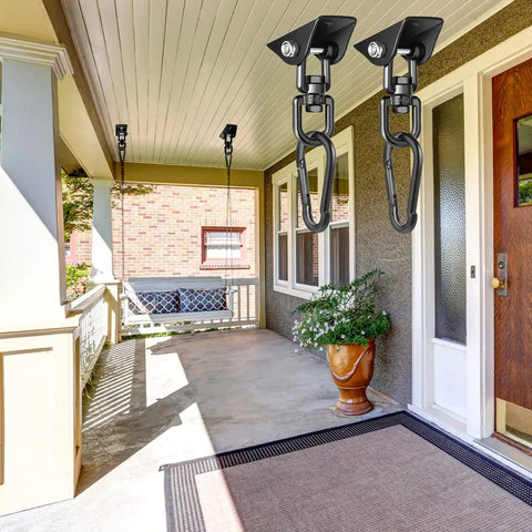 Heavy Duty 360 Degree Swivel Porch Swing Hanging Kit Built For 1200 Lb Capacity Stainless Steel Hanger mounted on porch ceiling