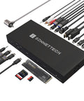 Thunderbolt 5 Dock With M.2 NVMe SSD Expansion And 10Gb Ethernet For Mac And Windows showing ports and cables for connectivity.
