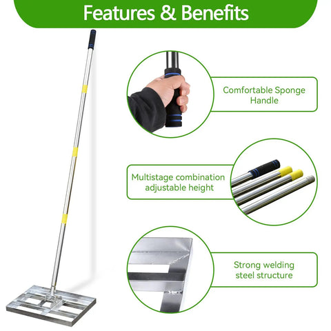 Heavy Duty Lawn Leveling Rake With 17x10 Inch Head And 5 Foot Adjustable Stainless Steel Handle, rustproof yard tool features.