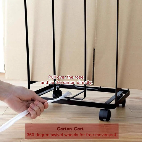 Portable Cardboard Box Storage Cart, Compact Carbon Steel Organizer Rack, Grab And Go Trolley For Cardboard Boxes, Multipurpose Packing And Moving Unit, Perfect For Factory Garage Warehouse And Home Use, Black 1 Pack with swivel wheels and rope tie