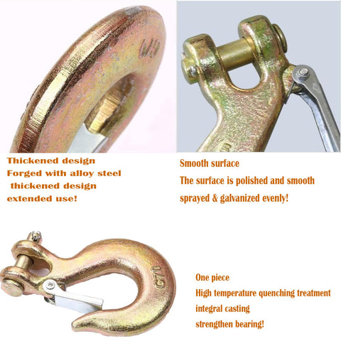 Beefy Three Eighths Inch Clevis Slip Hook Set With Safety Latch Two Pack, forged G70 hook with thickened design and galvanized finish.