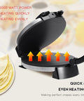 Premium 10 Inch Electric Tortilla Press With Adjustable Temp Control Non Stick Coating For Roti Crepes Blintz Chapati Bacon And More Easy Cleanup LED Indicator Quick Cooking Versatile Kitchen Appliance with open lid and heating indicator.