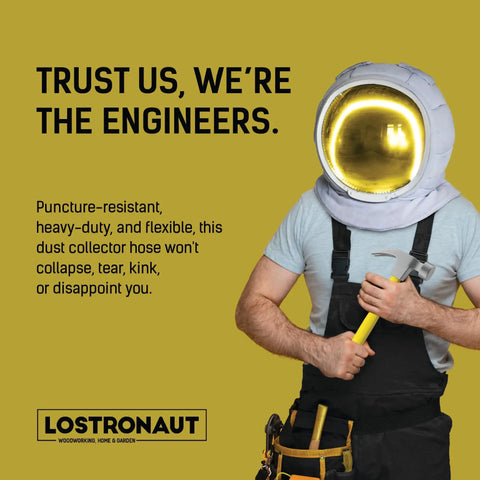 Heavy Duty Dust Collection Hose 2.5 Inch X 10 Feet advertisement with engineer astronaut graphic holding a tool.