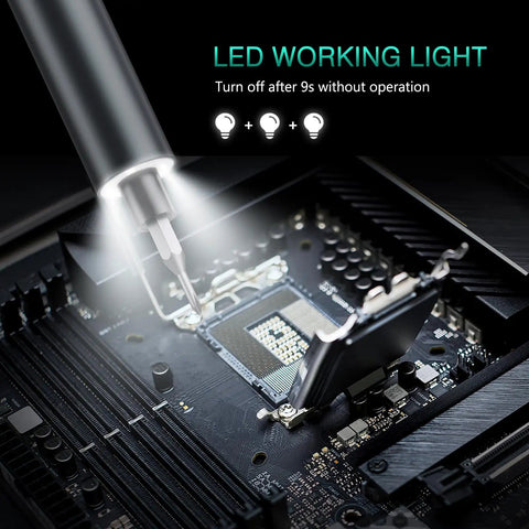 Mini Electric Screwdriver Kit With 62 In 1 Precision Bits in use on a computer motherboard with LED light illuminating the work area.