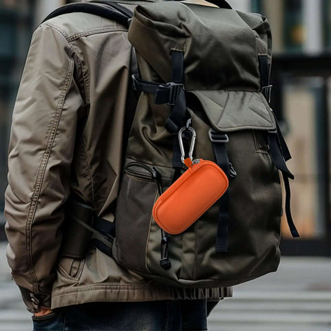 Dang Solid USB Flash Drive Case Plus SD Card Holder Bag For Thumb Drives Hella Secure Memory Card Pouch hanging from an olive backpack.