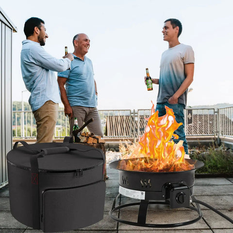 Beefy Heavy Duty Water Resistant Carrying Bag for 19 Inch Outdoor Propane Fire Pit on patio with fire bowl and people enjoying outdoor setting