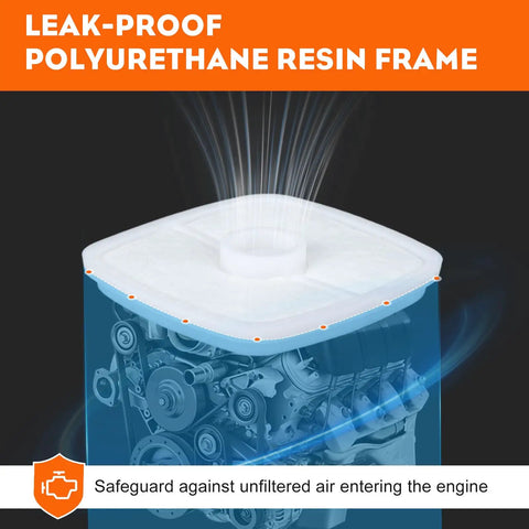 Leak-proof polyurethane resin frame with engine illustration, part of Beefed Up Repower Tune Up Kit With Air Filter And Fuel Filter For Echo SRM210 SRM225 Trimmers And PB Series Blowers Includes GT200 GT225 PAS225 ES210 ES250 Models Maintenance Kit.