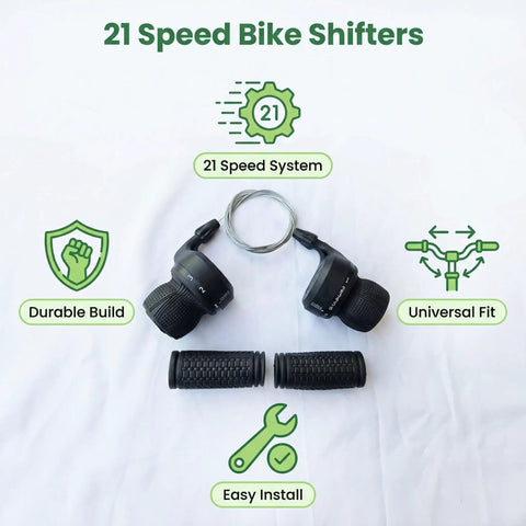 21 Speed Twist Shifter Set With Left And Right Revoshift Grips for Mountain and Hybrid Bikes displayed with installation icons