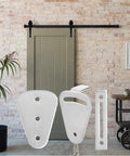 Tarnish-Proof Stainless Steel Barn Door Lock Kit With No Fuss Easy Install For Sliding Barn Doors And Hanging Rails Includes 3 Metal Sheets 4 Gaskets And 5 Screws For A Solid Long Lasting Lock Up. three stainless steel plates shown in front of a sliding barn door