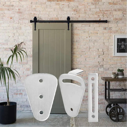 Tarnish-Proof Stainless Steel Barn Door Lock Kit With No Fuss Easy Install For Sliding Barn Doors And Hanging Rails Includes 3 Metal Sheets 4 Gaskets And 5 Screws For A Solid Long Lasting Lock Up. three stainless steel plates shown in front of a sliding barn door