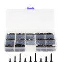 Straight Up Heavy Duty Flat Head Self Tapping Screw Assortment Kit For Wood And Sheet Metal In Black Carbon Steel Nine Sizes One Hundred Pieces Each For Top Shelf Durability in a storage box.
