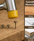Hammer placing Solid Vintage Upholstery Tacks Set With One Hundred Antique Brass Decorative Hardware Nails into wood.