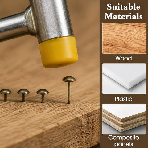 Hammer placing Solid Vintage Upholstery Tacks Set With One Hundred Antique Brass Decorative Hardware Nails into wood.