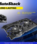 Straight Bolt Up Radiator Cooling Fan Assembly For Chevrolet Sonic 2012 To 2018 L4 1.8L with dual blades and motor for efficient airflow.
