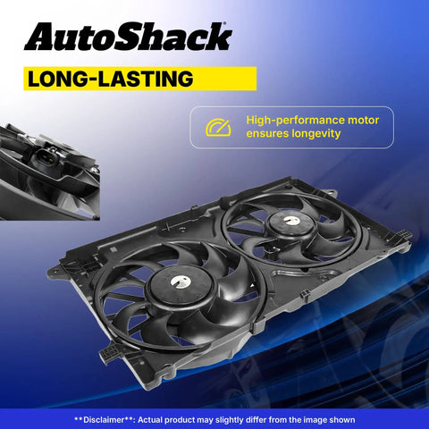 Straight Bolt Up Radiator Cooling Fan Assembly For Chevrolet Sonic 2012 To 2018 L4 1.8L with dual blades and motor for efficient airflow.