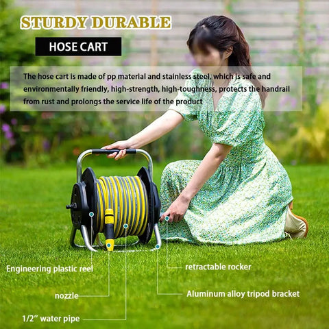 Rock Solid Hose Reel Cart Loaded With 25M Garden Pipe And High Pressure Spray Gun And Wall Mounted Outdoor Storage Rack, featuring durable PP material.