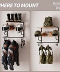 Wall Mounted Motorcycle Helmet Rack With Four Hooks And Glove Clips in use, storing helmets, jackets, and boots on a white wall.