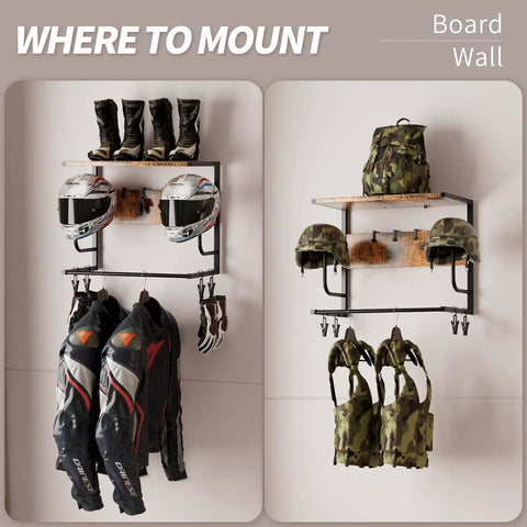 Wall Mounted Motorcycle Helmet Rack With Four Hooks And Glove Clips in use, storing helmets, jackets, and boots on a white wall.