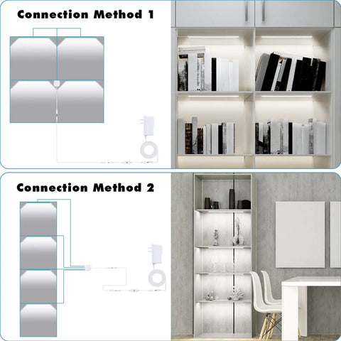 Diagram and installed view of Four Pack Cold White LED Shelf Lights With Memory Function, 12 Inch Plug In Under Cabinet Lighting.