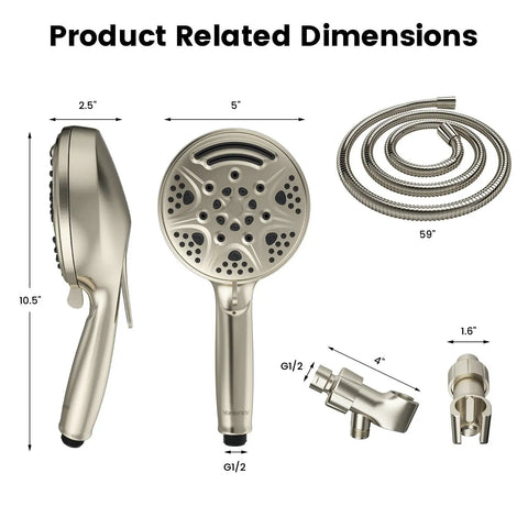 Shower Head With Handheld Sprayer, 9 Function High Pressure Modes For Power Jet Massage And Pause, 59 Inch Hose Dimensions