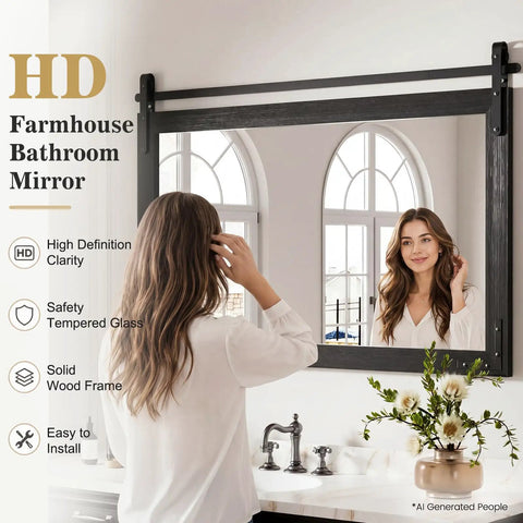 Top Tier Farmhouse Bathroom Mirror With Classic Barn Door Silhouette And Heavy Duty Black Metal Frame, 39x26 inch, safety tempered glass.