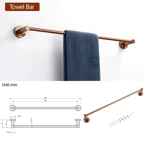 Stainless Steel Bathroom Accessories Set With Towel Bar Towel Ring Toilet Paper Holder And Hooks In SUS 304 Brushed Brass Finish, showing towel bar installation