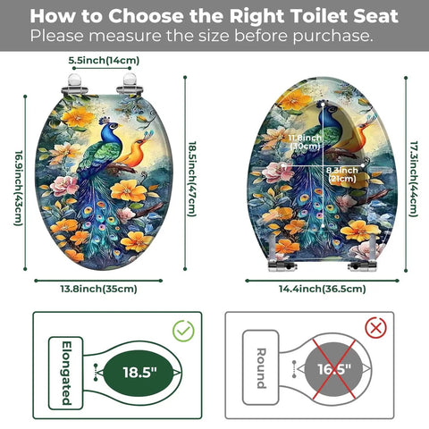 Elongated Toilet Seat Resin for Bathroom size instructions, featuring colorful peacock design and measurement details.