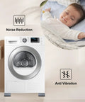 Front view of a white washing machine on four anti-vibration pads to reduce movement and noise