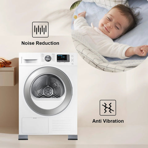 Front view of a white washing machine on four anti-vibration pads to reduce movement and noise