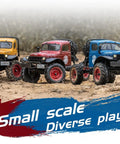 Three colorful 1/24 scale RC crawlers ready to run in dirt, showcasing badass one twenty four scale rc crawler with portal axles and two speed transmission.