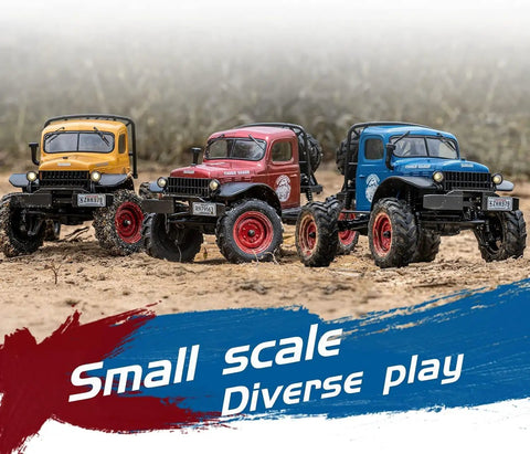 Three colorful 1/24 scale RC crawlers ready to run in dirt, showcasing badass one twenty four scale rc crawler with portal axles and two speed transmission.