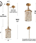 Beaded Pendant Light Fixtures Boho Chandelier For Dining Room Hallway Bedroom 6 Inch Diameter Rustic Wood Beads With Dark Gold Frame