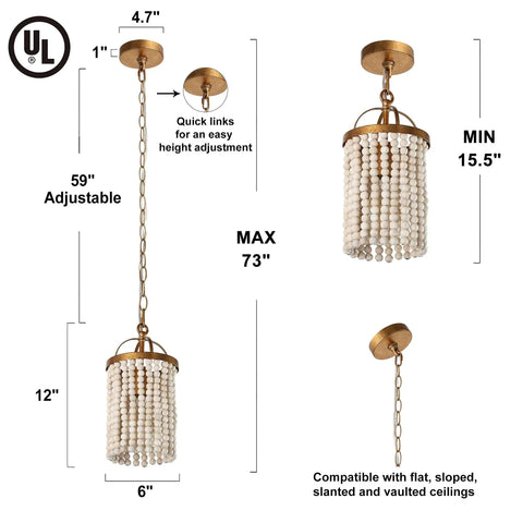Beaded Pendant Light Fixtures Boho Chandelier For Dining Room Hallway Bedroom 6 Inch Diameter Rustic Wood Beads With Dark Gold Frame