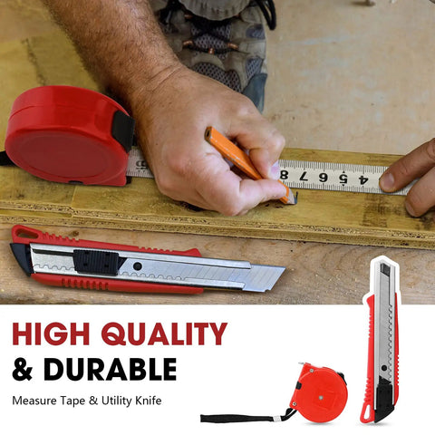 68 Piece General Household Tool Set With Ergonomic Hand Tools For DIY Home And Auto Repairs In A Durable Carrying Toolbox Case Essential For Quick Fixes Solid Furniture Assembly And Everyday Maintenance, includes utility knife and measuring tape.